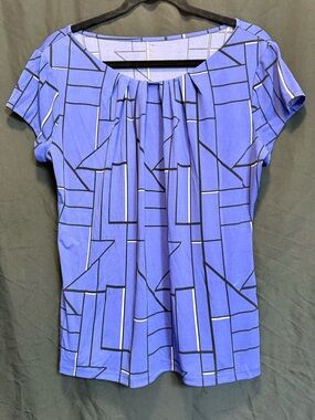 Worthington Blue Geometric Pleated Short-Sleeve Top